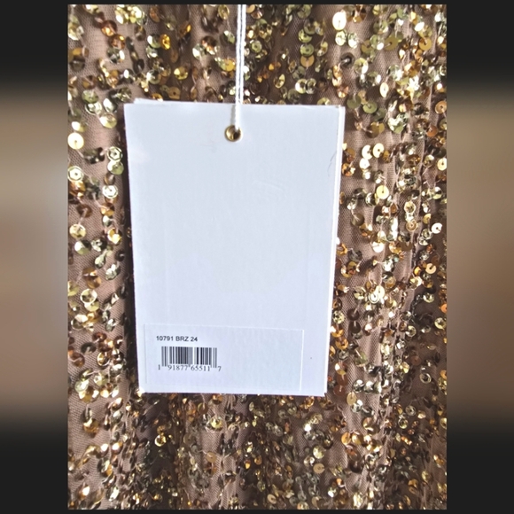 NWT! Mac Duggal, Sequined Puff Sleeve V Neck Gown, Bronze, Size 24, MSRP $498 - Picture 9 of 10